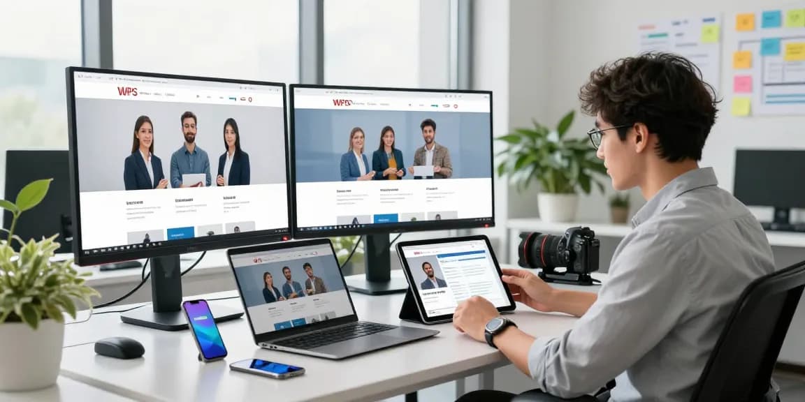 Professional user exploring WPS Official Website on multiple screens in a modern office.