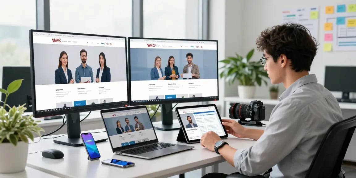 Professional user exploring WPS Official Website on multiple screens in a modern office.