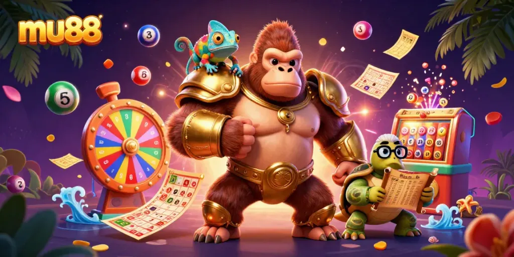 Experience the thrill of mu88 with a dynamic scene featuring a powerful king, chameleon spy, and wise tortoise illustrating a vibrant gaming atmosphere.