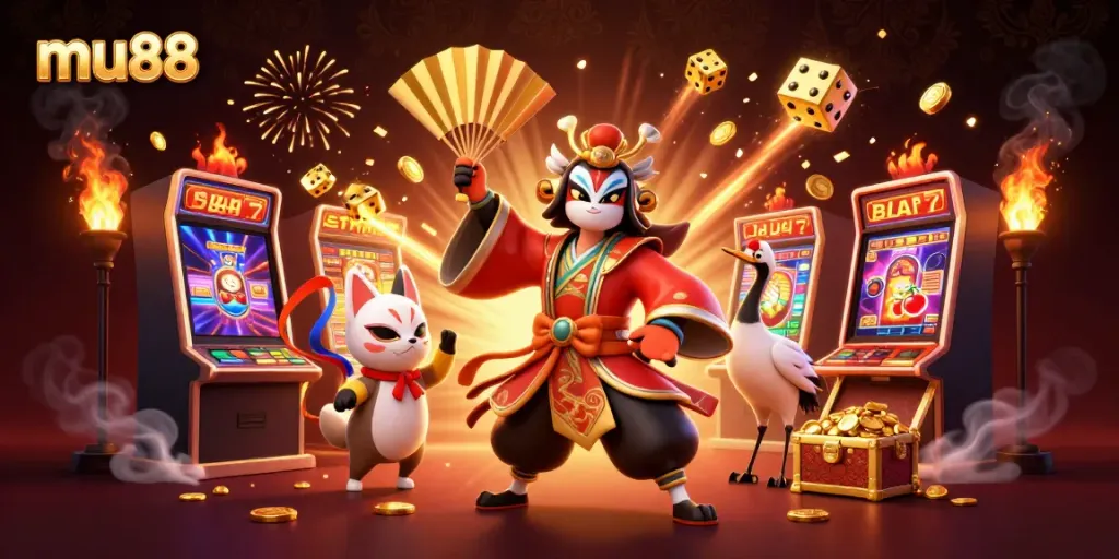 Experience excitement at mu88 with a dynamic scene featuring kabuki warriors and vibrant casino elements.