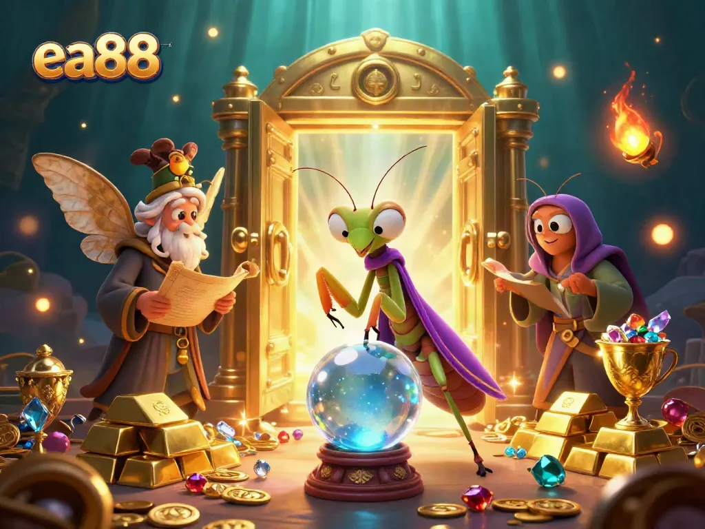 Experience adventure with ea88's vibrant 3D casino illustration showcasing fortune tellers and treasures.