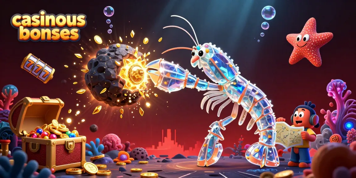 Explore casinous bonuses with vibrant 3D mantis shrimp amidst gold and slot reels.
