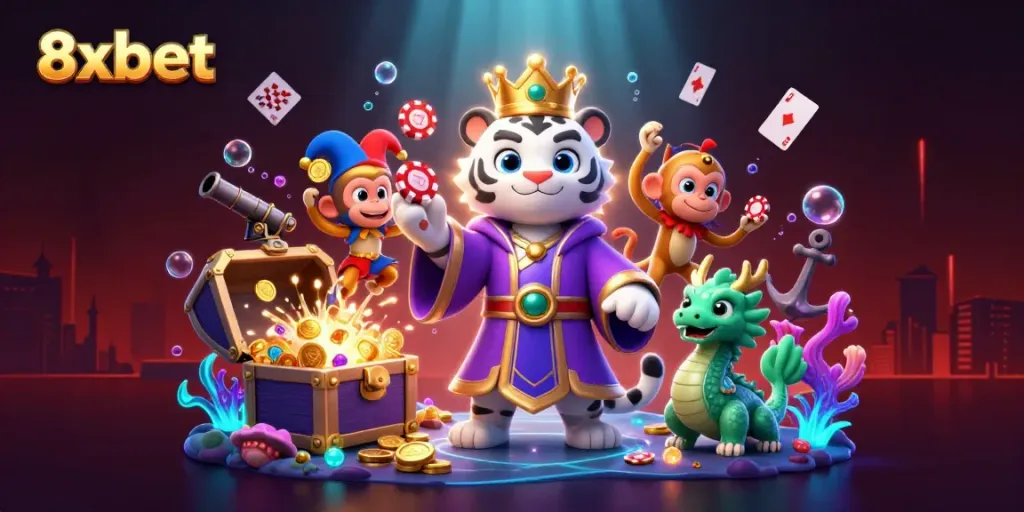 Experience thrilling gameplay with 8xbet featuring a royal tiger and monkey juggling poker chips.