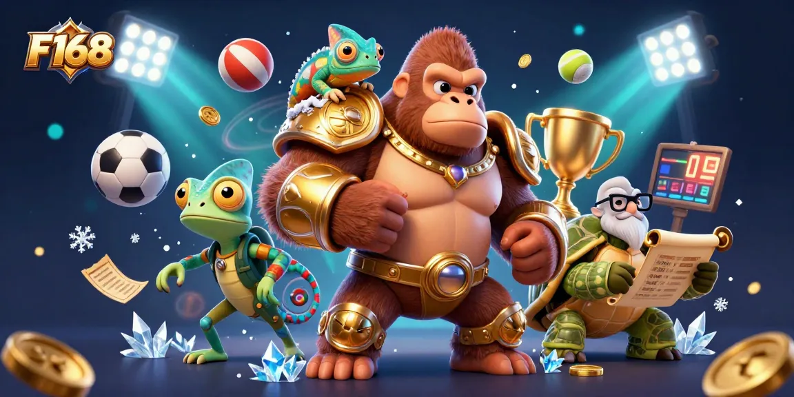 Experience thrilling sports betting with F168 featuring vibrant characters in a dynamic casino scene.