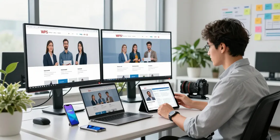 Professional user exploring WPS Official Website on multiple screens in a modern office.