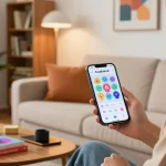 User enjoying Crush on AI application on smartphone in a cozy modern living room.