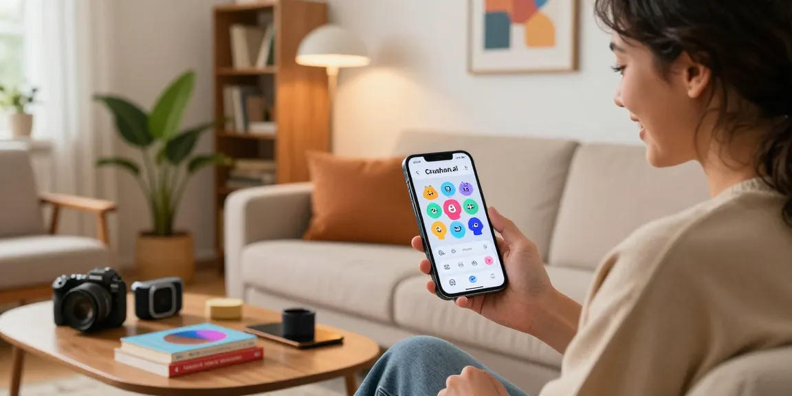 User enjoying Crush on AI application on smartphone in a cozy modern living room.