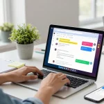 User engaging with Telegram Web Version on a laptop in a bright, modern workspace.