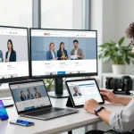 Professional user exploring WPS Official Website on multiple screens in a modern office.